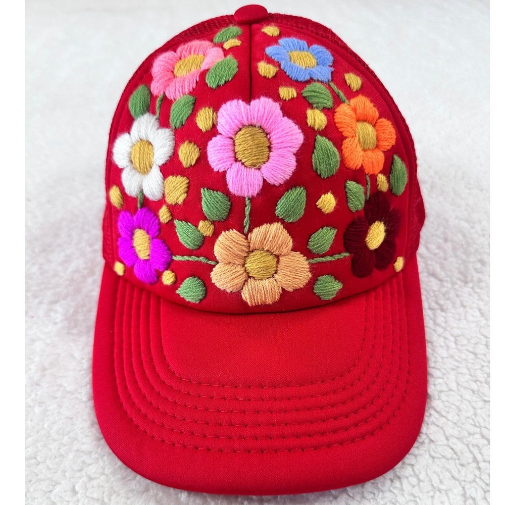 NWT Lumily Trucker Hat Women Red New Embroidered Floral Fair Trade